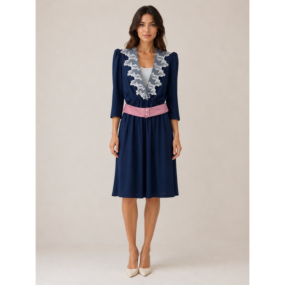 Jenny Petites Vintage Midi Dress 90s Prairie Coquette Navy Blue Polyester Size 6